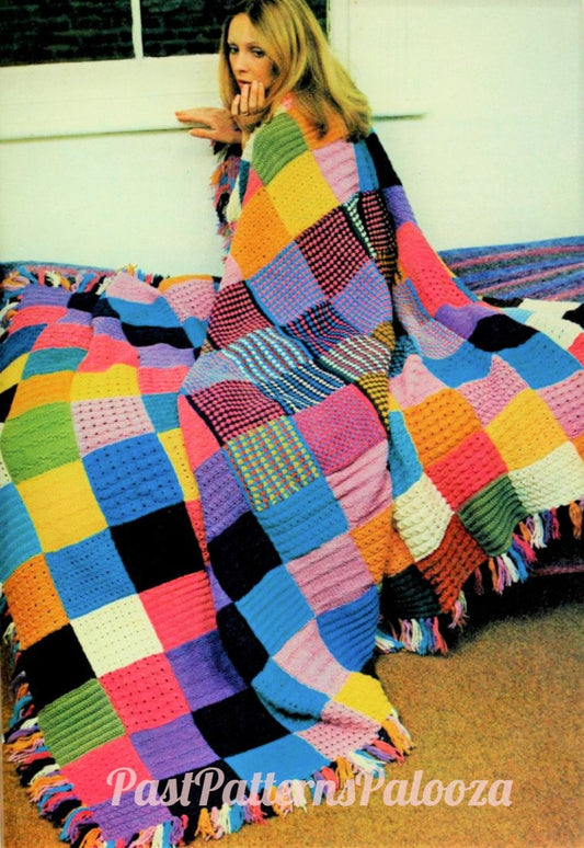 Vintage Knitting Pattern Large Patchwork Squares Sampler Afghan Blanket and Cushion PDF Instant Digital Download DK 8 Ply