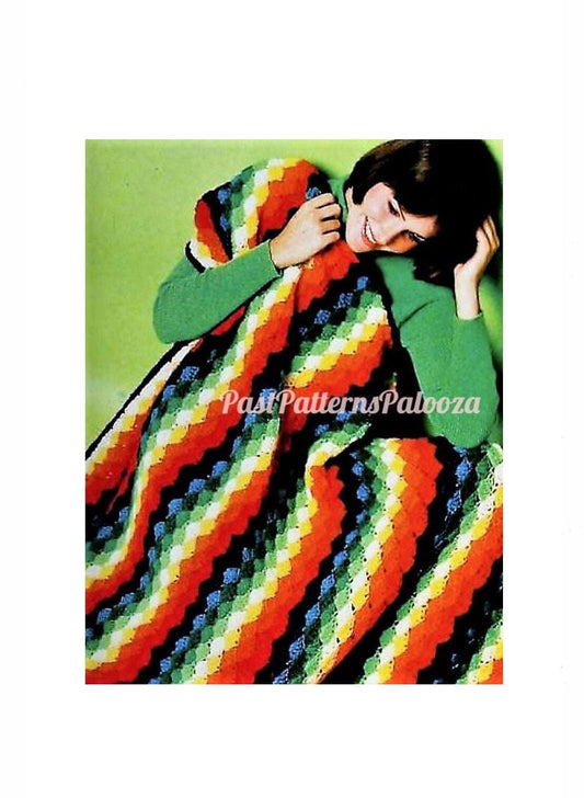 Vintage Crochet Pattern Shell Stitch Rainbow Afghan Blanket PDF Instant Digital Download 1970s Boho Scrapghan Throw 12 Colors 10 Ply