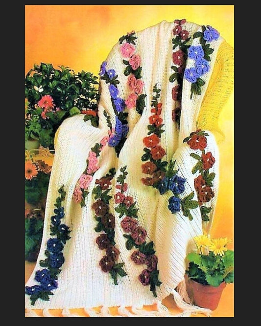 Vintage Crochet Pattern Hollyhocks Flower Afghan PDF Instant Digital Download Beautiful Floral Garden Blanket 10 Ply 45x71