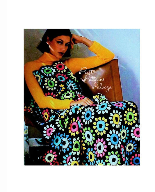 Vintage Crochet Pattern Jewel Flower Granny Square Afghan Blanket PDF Instant Digital Download 1970s Boho Floral Motif Throw 10 Ply