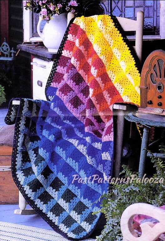 Vintage Crochet Pattern Rainbow Attic Window Granny Square Afghan PDF Instant Digital Download Scrapghan Throw Blanket  47x47 10 Ply