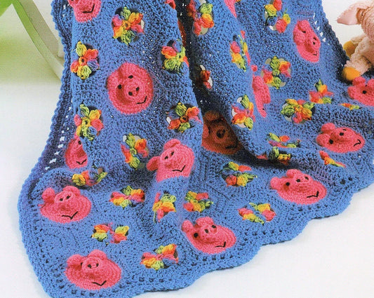 Vintage Crochet Pig Afghan Pattern PDF Instant Digital Download Granny Square Piggy Floral Motifs Animal Afghan 10 Ply