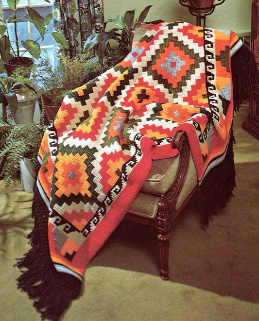 Vintage Crochet Geometric Indian Afghan Pattern PDF Instant Digital Download Retro Diamonds Indian Blanket Tunisian Stitch 51x72 10 Ply