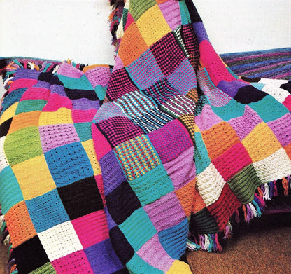 Vintage Knitting Pattern Large Patchwork Squares Sampler Afghan Blanket and Cushion PDF Instant Digital Download DK 8 Ply