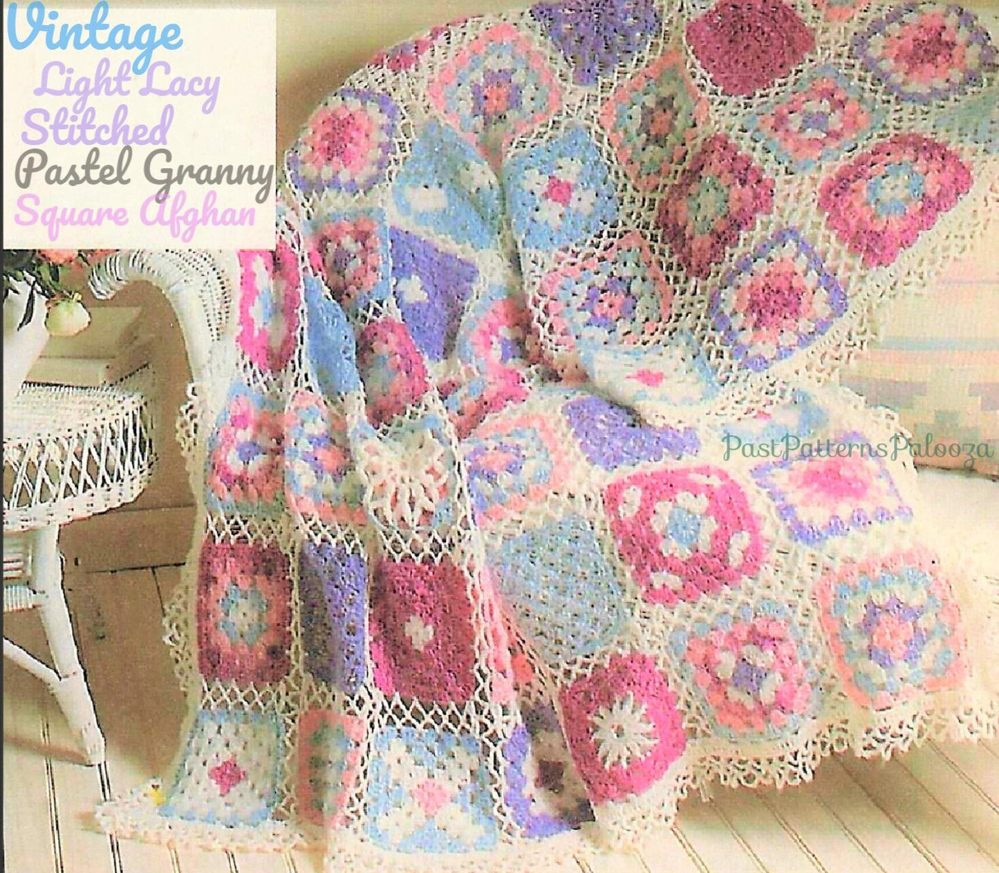 Vintage Crochet Pattern Pastel Granny Square Sampler Afghan Lightweight Lattice Lace Design PDF Instant Digital Download 10 Ply 61x85