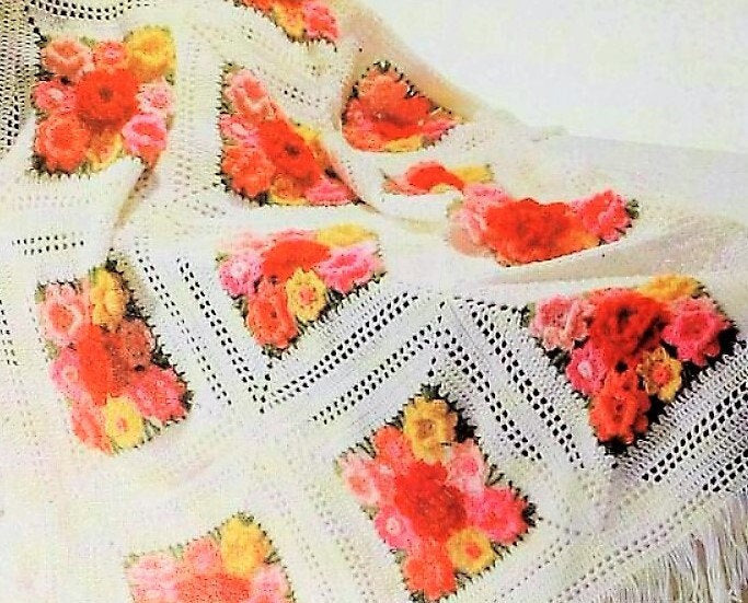 Vintage Crochet Pattern Rose Garden Squares Afghan PDF Instant Digital Download Pop Out Flowers Nine-Rose Motifs Lacy Borders Mohair 10 Ply