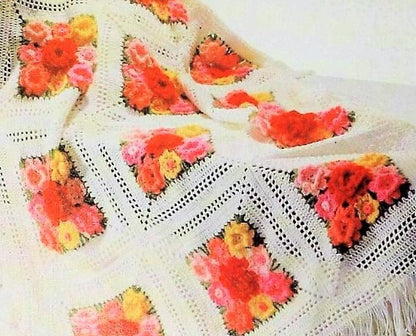 Vintage Crochet Pattern Rose Garden Squares Afghan PDF Instant Digital Download Pop Out Flowers Nine-Rose Motifs Lacy Borders Mohair 10 Ply