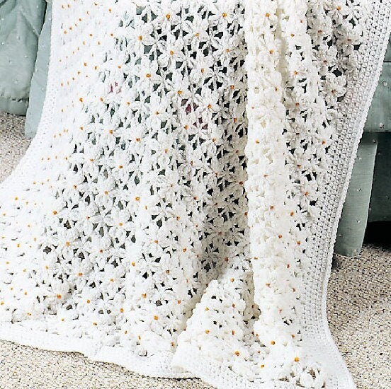 Vintage Crochet Lacy Daisy Afghan Pattern PDF Instant Digital Download Beautiful Flower Garden Field of Daisies Blanket 4 Ply 51x82