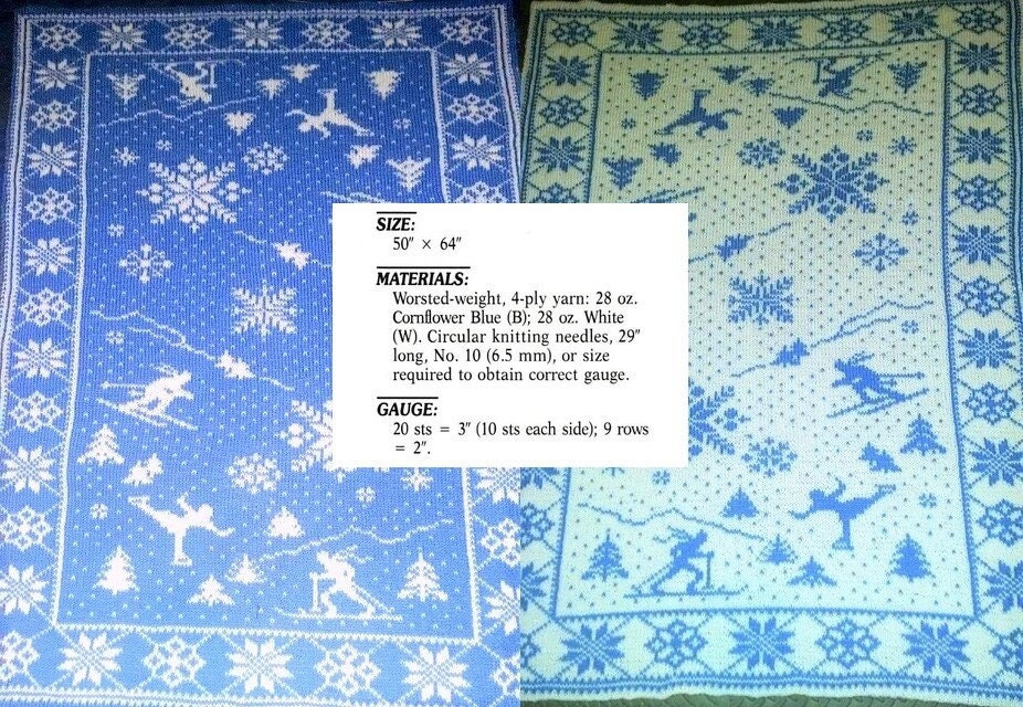 Vintage Knitting Pattern Winter Wonderland Scene Afghan PDF Instant Digital Download Reversible Double-Knit Blanket 10 Ply