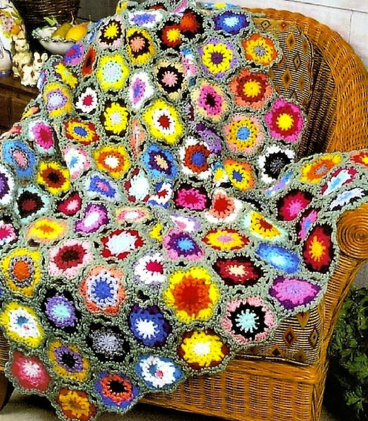 Vintage Crochet Pattern Quick Easy Granny Square Flowers Scrap Afghan PDF Instant Digital Download Picot Edge Scrapghan Blanket 10 Ply