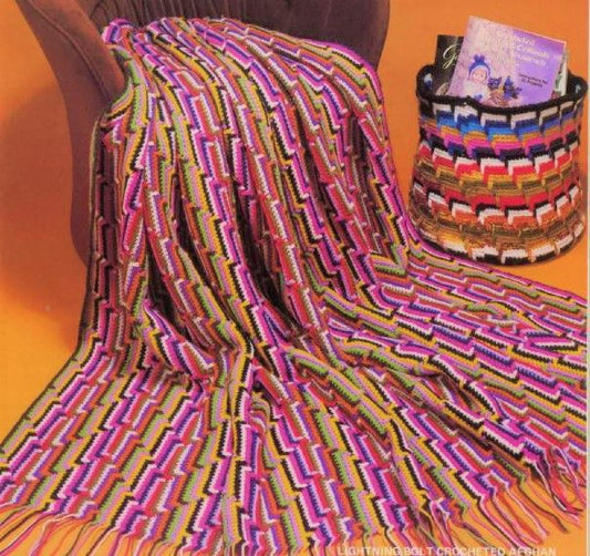 Vintage Crochet Pattern Lightning Bolt Zig Zag Afghan and Tote Bin PDF Instant Digital Download 70x97