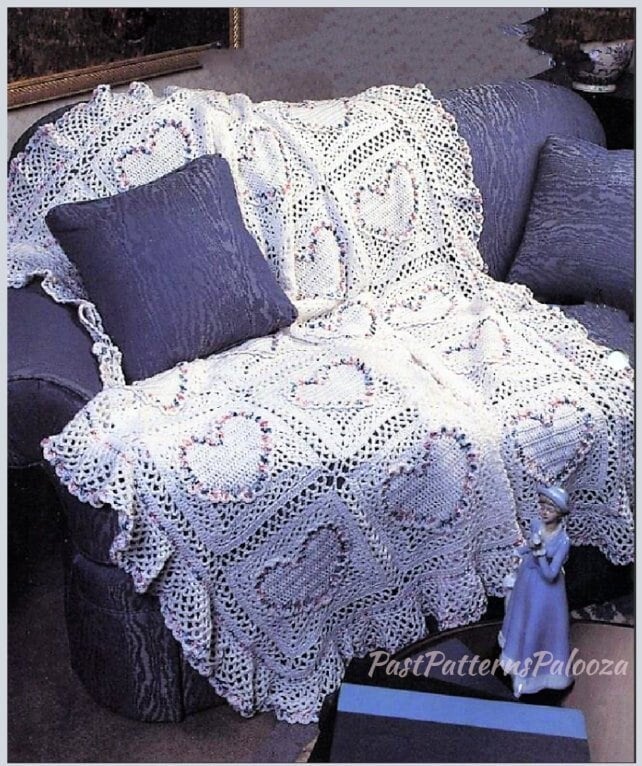 Vintage Crochet Pattern Puff Heart Squares Afghan PDF Instant Digital Download Chains & Ruffles Romantic Throw Blanket Variegated 10 Ply