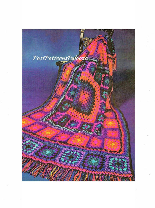 Vintage Crochet Pattern Jewel Tones Granny Squares Afghan PDF Instant Digital Download Boho Hippie Groovy Grannies Blanket 10 Ply