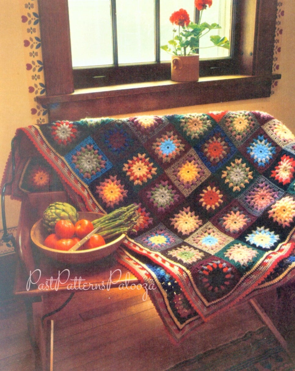 Vintage Crochet Pattern Puff Stitch Granny Square Flower Wheels Afghan PDF Instant Digital Download Floral Wheel Motif Blanket 10 Ply