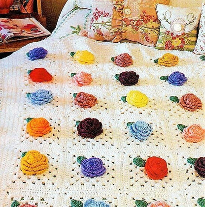 Vintage Crochet Pattern Bouquet of Roses Afghan PDF Instant Digital Download Beautiful Pop Out Flowers Granny Squares Blanket 43x64 10 Ply