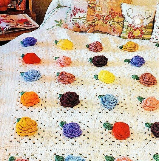 Vintage Crochet Pattern Bouquet of Roses Afghan PDF Instant Digital Download Beautiful Pop Out Flowers Granny Squares Blanket 43x64 10 Ply