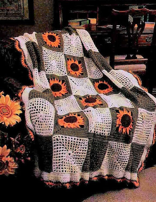 Crochet Sunflowers and Squares Motif Afghan Pattern PDF Instant Digital Download Vintage Sun Flowers Blanket 45x60 10 Ply