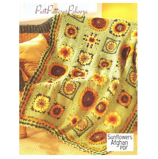 Vintage Crochet Pattern Sunflower Squares Sampler Afghan Granny Square Sun Flower 7 Motif Medley Blanket PDF Instant Digital Download 10 Ply