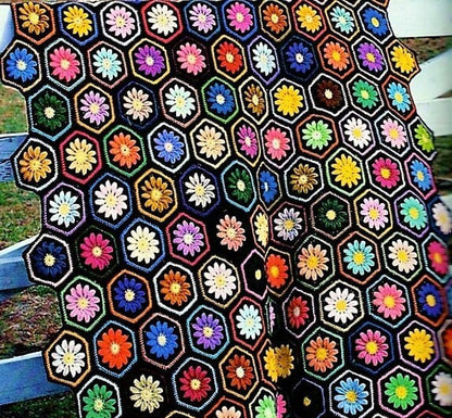Vintage Crochet Pattern Daisy Flower Hexagon Afghan She Loves Me She Loves Me Not c. 1978 PDF Instant Digital Download Granny Square 10 Ply