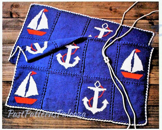 Vintage Crochet Pattern Nautical Sailboats Anchors Afghan PDF Instant Digital Download Sailing Boating Throw Blanket Tunisian Stitch 5 Ply