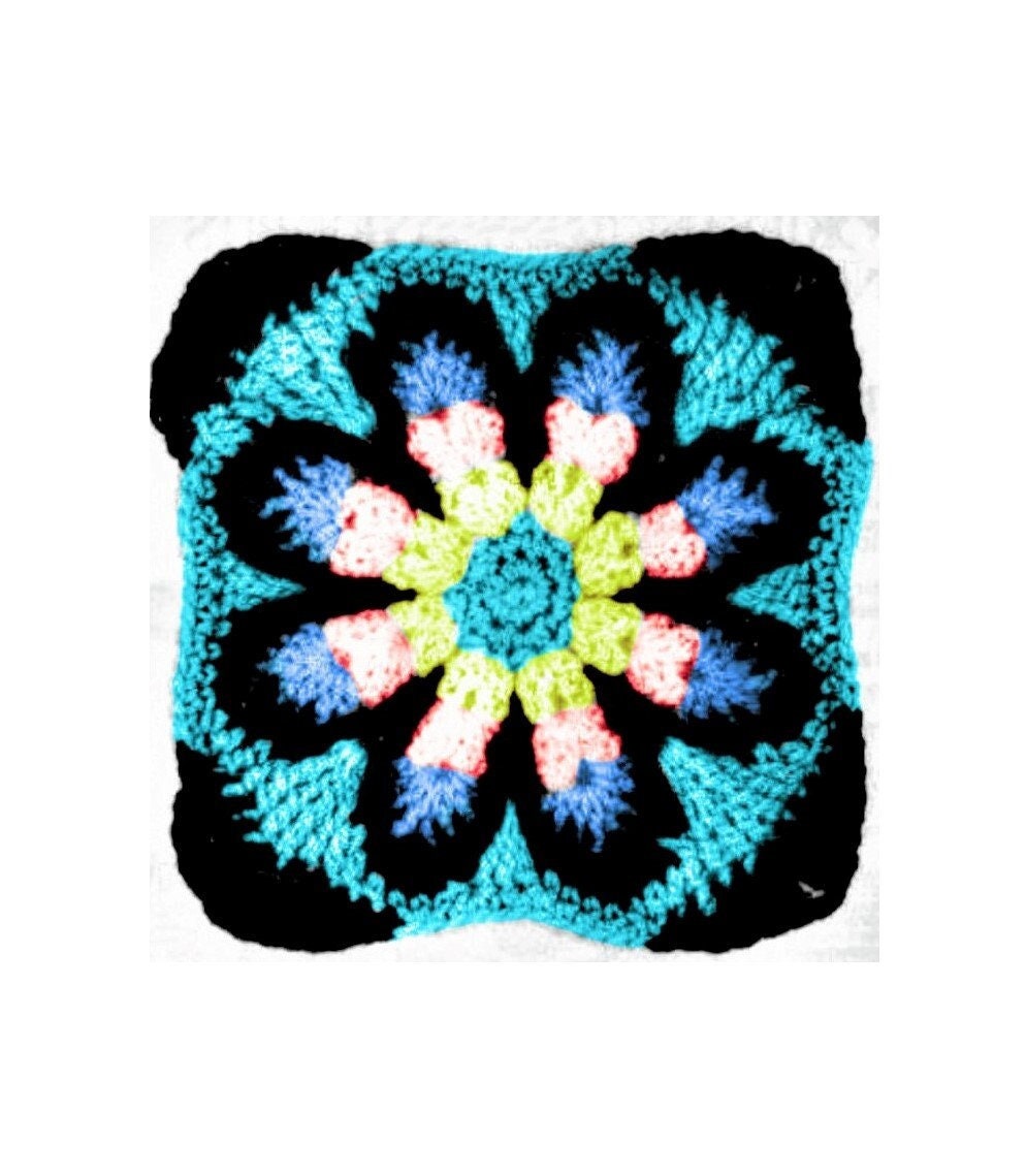 Vintage Crochet Pattern Retro Granny Square Stained Glass Flowers Afghan PDF Instant Digital Download Groovy '70s Throw Blanket DK