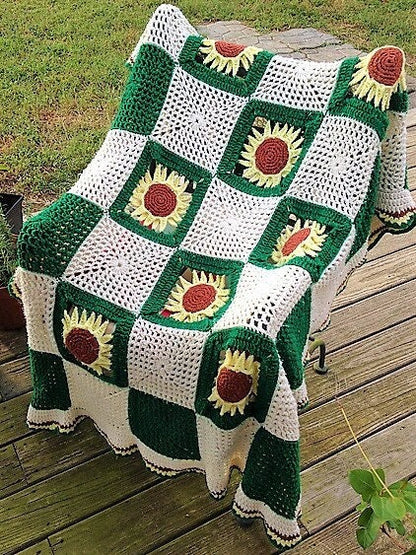 Crochet Sunflowers and Squares Motif Afghan Pattern PDF Instant Digital Download Vintage Sun Flowers Blanket 45x60 10 Ply