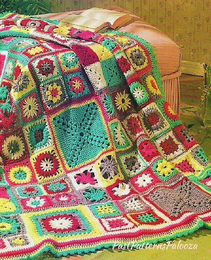Vintage Crochet Pattern Granny Square Sampler Afghan Patchwork Garden PDF Instant Digital Download 11 Motifs Blanket 50x64 10 Ply