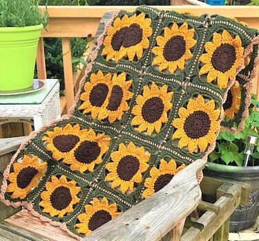 Crochet Sunflower Motif Afghan Pattern PDF Instant Digital Download Vintage Sunflowers Afghan Blanket 42x54 10 Ply