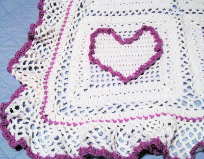 Vintage Crochet Pattern Puff Heart Squares Afghan PDF Instant Digital Download Chains & Ruffles Romantic Throw Blanket Variegated 10 Ply
