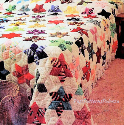 Vintage Crochet Pattern Star Quilt Patchwork Bedspread Afghan PDF Instant Digital Download Beautiful Diamond Hexagon Bed Cover 10 Ply
