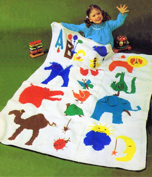 Vintage 1977 Crochet Afghan Pattern ABC Zoo Baby Blanket PDF Instant Digital Download Childs Animal Throw Tunisian Stitch 44x63 10 Ply