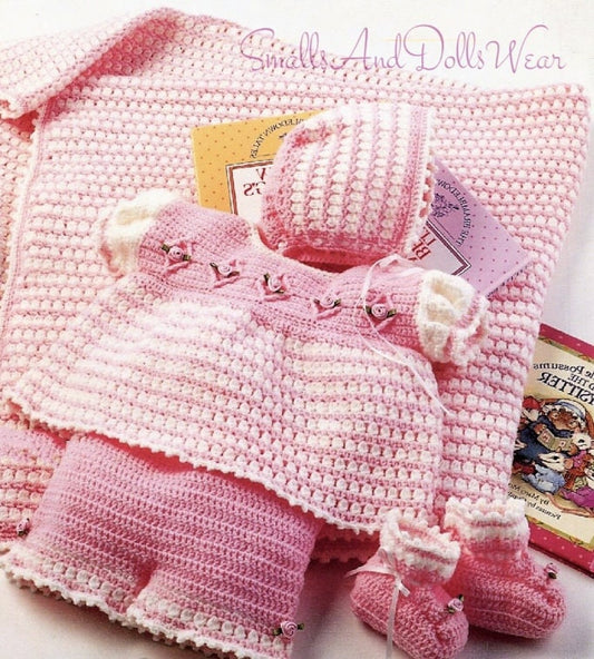 Vintage Crochet Pattern Baby Girl Roses and Dots 5 Piece Layette Set PDF Instant Digital Download Dress Pants Bonnet Booties Afghan 0-12 m