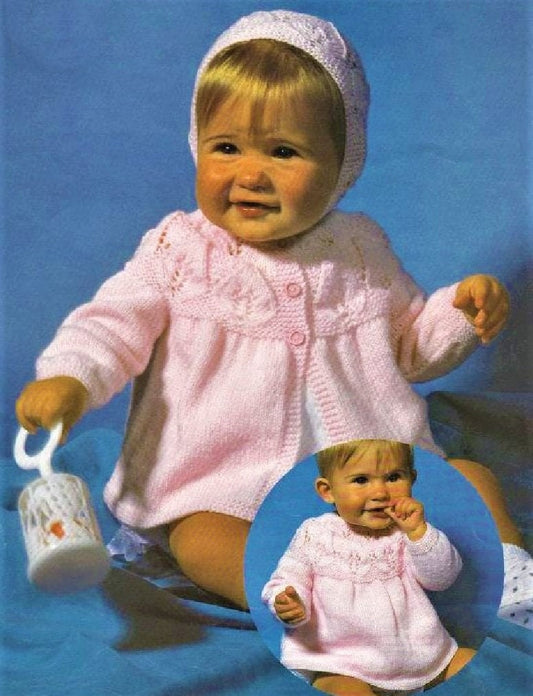 Vintage Knitting Pattern Knit Baby Girl Leaf Yoke Matinee Jacket Coat Angel Top Bonnet Set PDF Instant Digital Download 0-9m 4 Ply