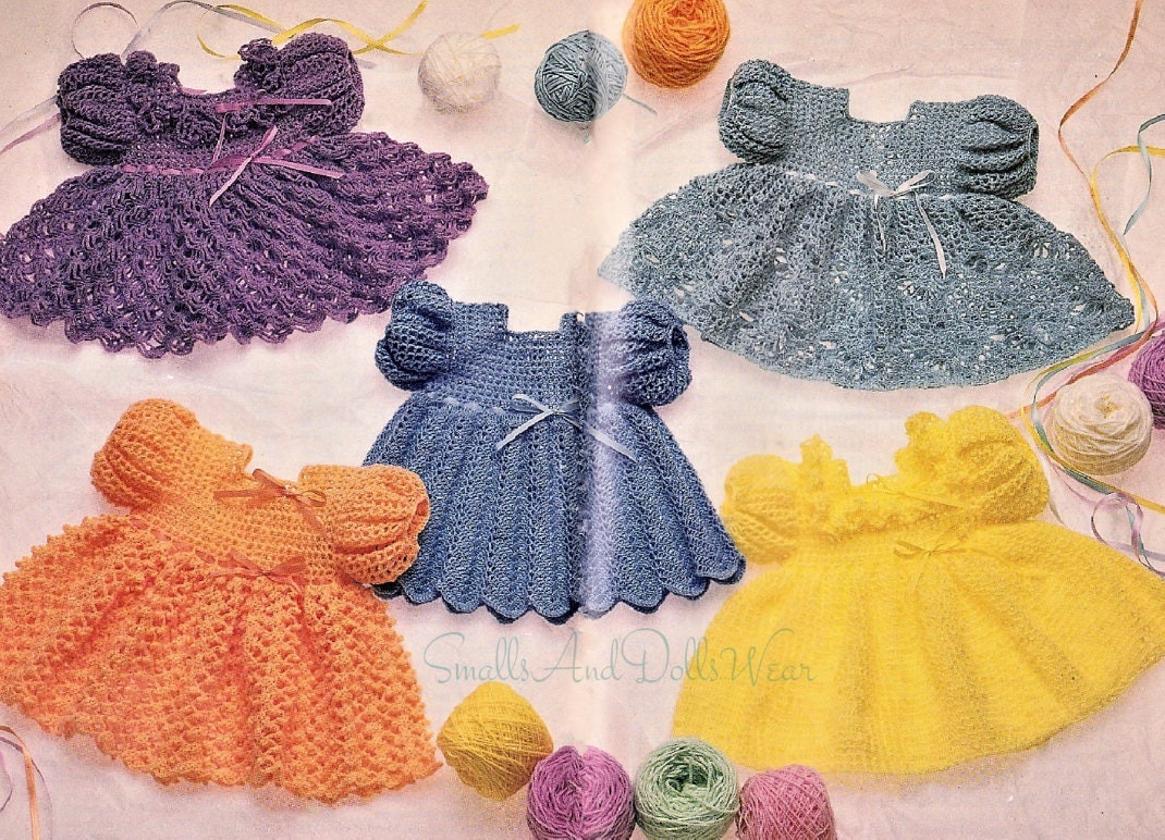 Vintage Crochet Patterns Baby Girl Pretty Lacy Frilly Party Dress 5 Designs Ripple Scallops Pineapple PDF Instant Digital Download 3m- 3yrs