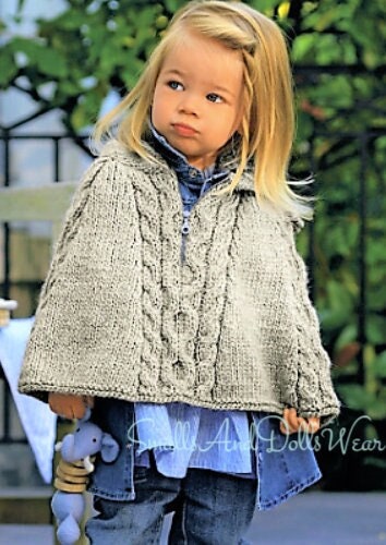 Vintage Knitting Pattern Baby Girl Toddler Cable Poncho Hooded Cape PDF Instant Digital Download 6m-2 years Garter Stitch 12 Ply