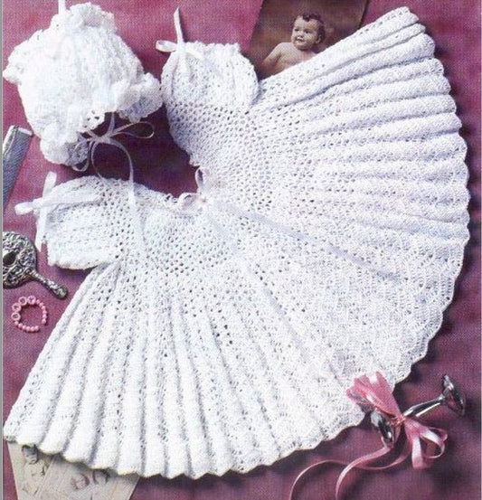 Vintage Crochet Pattern Baby Girl Lacy Pleated Cotton Christening Dress & Bonnet Set PDF Instant Digital Download Baptism Gown Newborn 0-3m