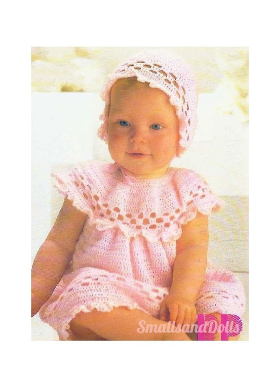 Vintage Crochet Pattern Baby Girl Ruffled Yoke Dress and Bonnet Set Lacy Openwork PDF Instant Digital Download Newborn - 18m 3 Ply