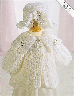 Vintage Crochet Pattern Baby Girl Fancy Flower Coat Jacket and Brimmed Hat Set PDF Instant Digital Download 0-12m DK 8 Ply