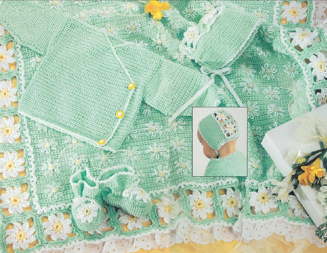 Vintage Crochet Pattern Baby Girls Lacy Daisy 4 Piece Set PDF Instant Digital Download Flower Jacket Bonnet Booties Afghan Blanket 0-12m