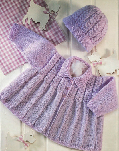 Vintage Knitting Pattern Knit Baby Girl Pleated Cable Matinee Coat and Bonnet Hat Set PDF Instant Digital Download 0-2 yrs 4 Ply