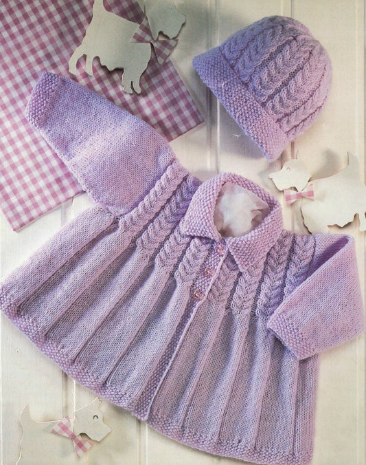 Vintage Knitting Pattern Knit Baby Girl Pleated Cable Matinee Coat and Bonnet Hat Set PDF Instant Digital Download 0-2 yrs 4 Ply