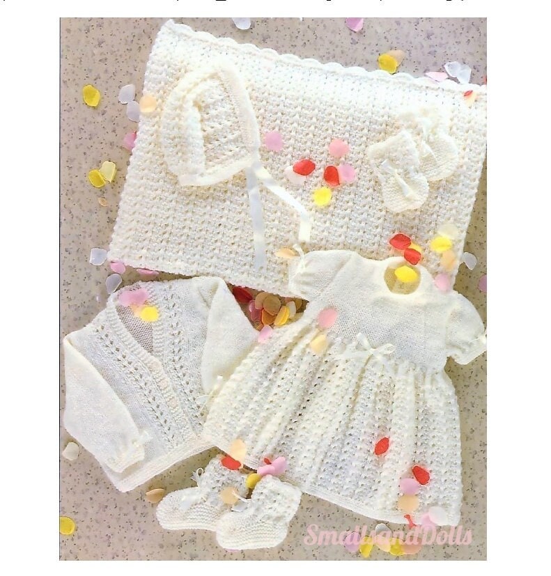Vintage Knitting Pattern Baby Girl Pretty 6 Piece Lacy Layette Set PDF Instant Digital Download Blanket Bonnet Booties Dress Cardi 9-18m DK