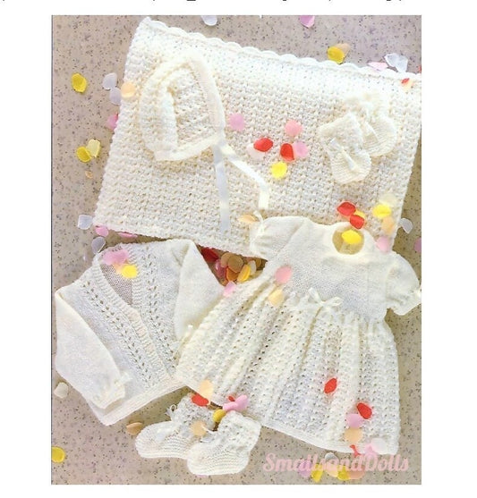 Vintage Knitting Pattern Baby Girl Pretty 6 Piece Lacy Layette Set PDF Instant Digital Download Blanket Bonnet Booties Dress Cardi 9-18m DK