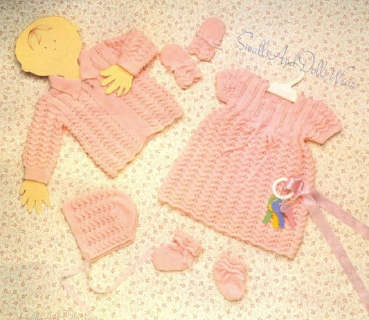 Vintage Knitting Pattern Knit Baby Girl Heather Ripple Eyelet Layette Set PDF Instant Digital Download Sweater Dress Booties Bonnet Mitts