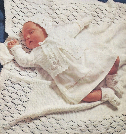 Vintage Knitting Pattern Pretty Baby Girl 5 Piece Lacy Layette Set PDF Instant Digital Download Bonnet Booties Coat Shawl Mitts 0-6m DK