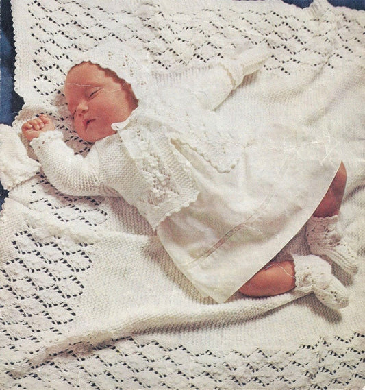 Vintage Knitting Pattern Pretty Baby Girl 5 Piece Lacy Layette Set PDF Instant Digital Download Bonnet Booties Coat Shawl Mitts 0-6m DK