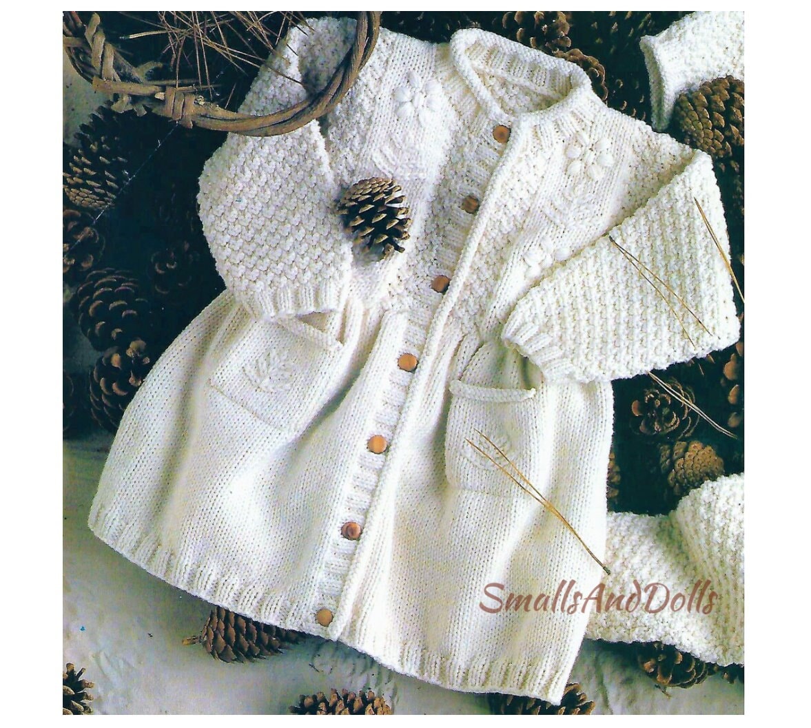 Vintage Knitting Pattern Knit Baby Girl Coat Dress PDF Instant Digital Download Embroidered Detail Moss Rib Stitch 6m - 2 yrs DK