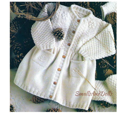Vintage Knitting Pattern Knit Baby Girl Coat Dress PDF Instant Digital Download Embroidered Detail Moss Rib Stitch 6m - 2 yrs DK