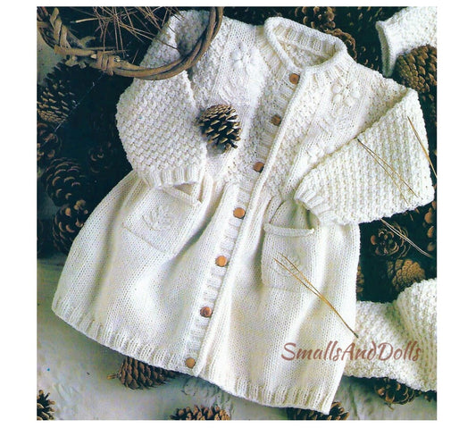 Vintage Knitting Pattern Knit Baby Girl Coat Dress PDF Instant Digital Download Embroidered Detail Moss Rib Stitch 6m - 2 yrs DK