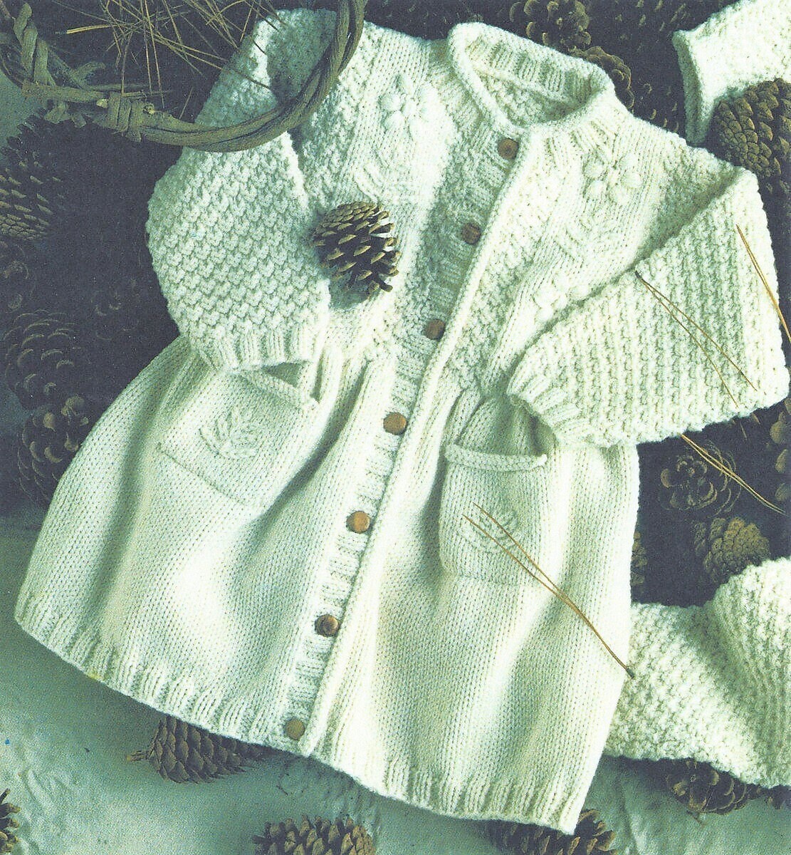 Vintage Knitting Pattern Knit Baby Girl Coat Dress PDF Instant Digital Download Embroidered Detail Moss Rib Stitch 6m - 2 yrs DK